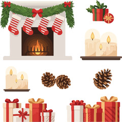 A flat vector illustration of a Christmas icon set featuring a fireplace with stockings, candles, pine cones, and gifts on a white background.