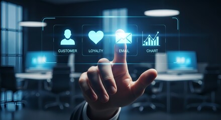 Fototapeta premium A finger touching an email icon on a digital interface with customer loyalty and chart icons