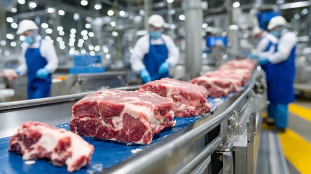 41Stainless steel meat processing machines lined up in a spotless factory, bright overhead lighting, workers carefully arranging products on conveyor belt
