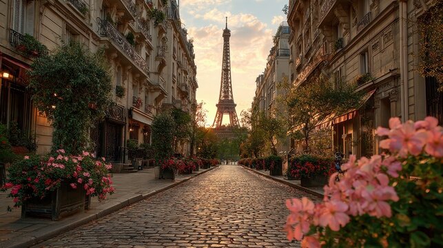 Charming street view of Paris with blooming flowers and the Eiffel Tower at sunset in the background