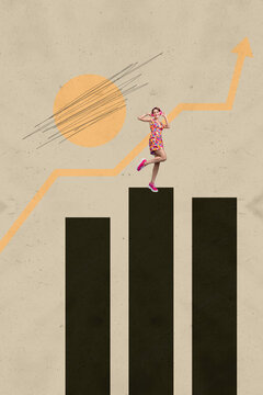 Collage with person observing rising arrow symbolizing startup growth business income statistics trading decrease increase