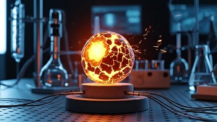 A vibrant, molten core generates sparks within a dimly lit science laboratory. - Powered by Adobe
