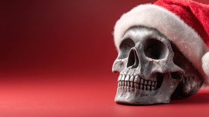 Obraz premium Skull Wearing Santa Hat Against Red Background