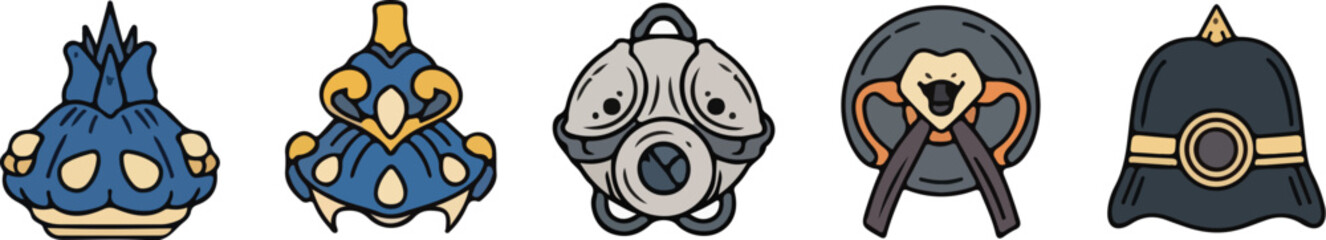 A flat vector illustration of a Christmas icon set featuring five ornaments in various designs and colors on a white background.