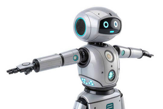Friendly robot with outstretched arms isolated on transparent background, ready for interaction