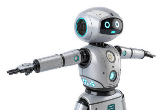 Friendly robot with outstretched arms isolated on transparent background, ready for interaction