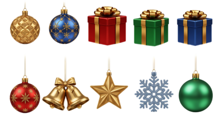A collection of christmas ornaments and gifts in various colors hanging against a black background on transparent background