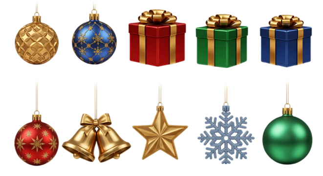 A collection of christmas ornaments and gifts in various colors hanging against a black background on transparent background
