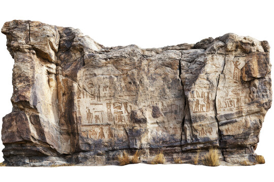 Ancient Rock Art Petroglyphs Weathered Stone Surface. Historical Cultural Heritage And Archaeology Isolated On Transparent Background