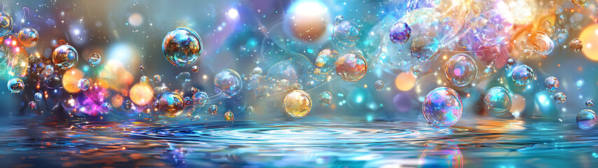 Vibrant digital art background featuring colorful bubbles floating above shimmering water surface, creating magical atmosphere