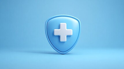 Obraz premium A minimalist, light blue backdrop features a shield with a white cross at its center, symbolizing health protection and security. Modern, clean design with smooth gradients.