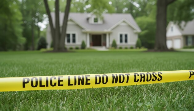 Yellow police line tape lays across green grass, restricting access to a suburban house in the background, signifying a crime scene or ongoing investigation in a residential area