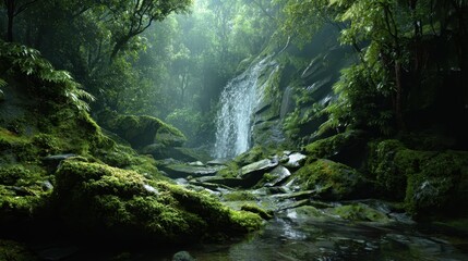 Beautiful cascading waterfall in a lush green forest during daylight hours with vibrant vegetation surrounding it