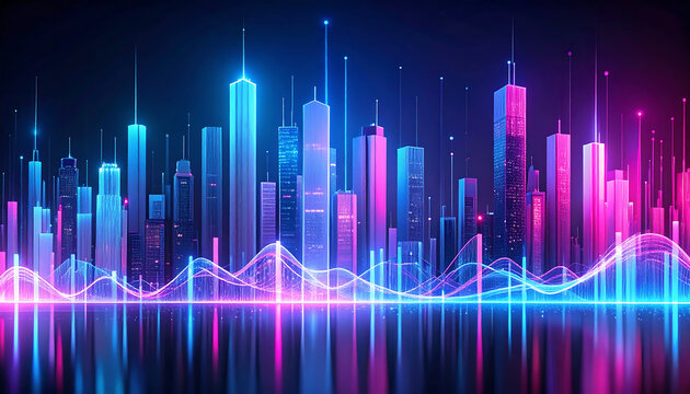Abstract digital cityscape illustration with vibrant neon lights and data streams - Powered by Adobe