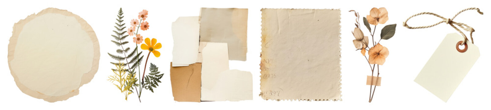 PNG Vintage paper floral collage elements, element set on transparent background