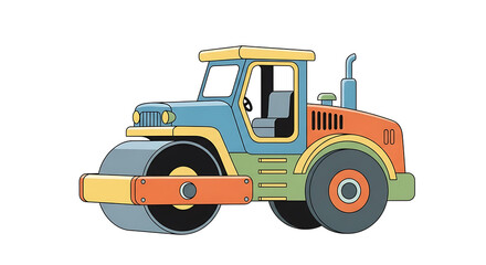 A colorful cartoon illustration of a toy road roller vehicle isolated on a white background.