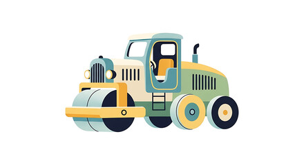Illustration of a vintage road roller with a light green and yellow color scheme.