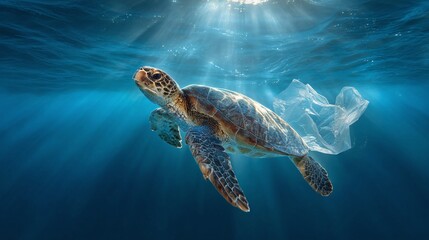 Obraz premium Turtle swimming with plastic bag in blue ocean. Pollution endangers marine life. Sunlight shines through water surface. Environmental concern & wildlife safety.