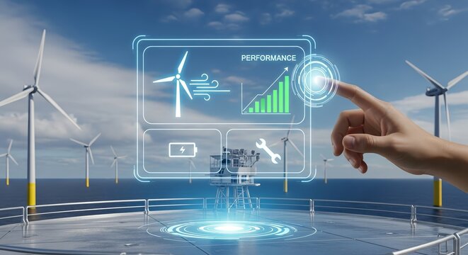 Hand interacting with digital interface over offshore wind turbine farm platform view - Powered by Adobe