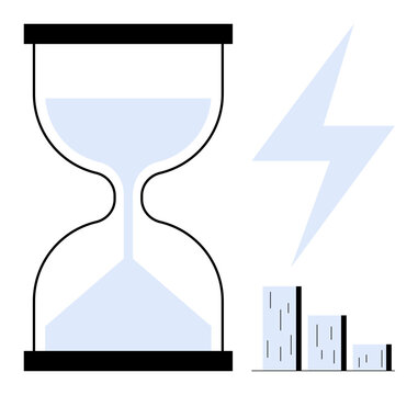 Hourglass with sand flowing, a lightning bolt, and bar chart aligned as decreasing bars. Ideal for time management, efficiency, productivity, energy flow, deadlines, data analysis simple flat