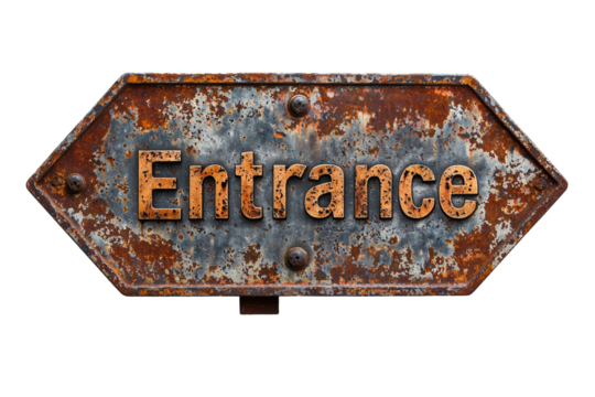 Rustic Metal Entrance Sign With Weathered Texture. Vintage Aesthetic And Industrial Design Element Isolated On Transparent Background