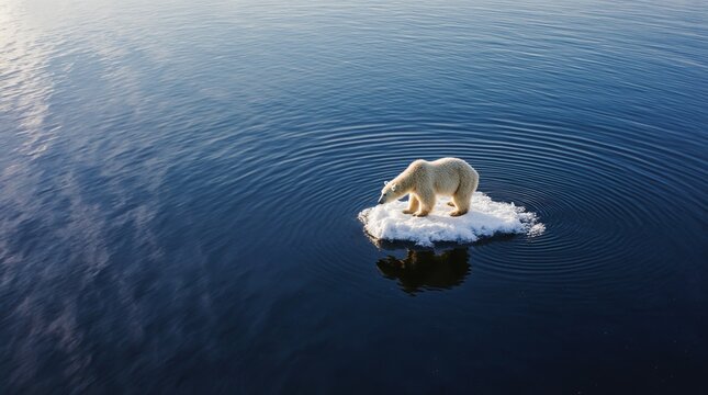 Polar bear on melting ice floe in vast ocean