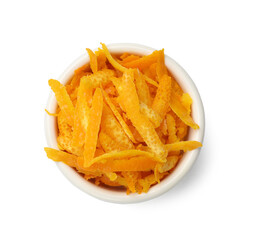 Fresh orange zest in bowl isolated on white, top view