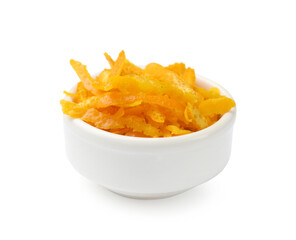 Fresh orange zest in bowl isolated on white