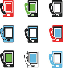 A set of colorful flat vector illustrations of mobile phones with receivers in various colors against a clean white background.