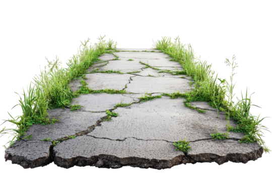 Cracked Concrete Pathway With Overgrown Grass. Nature Reclaiming Urban Spaces Isolated On Transparent Background
