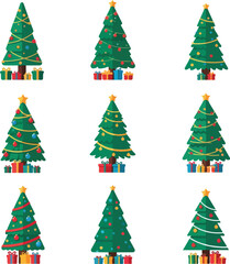 A flat vector illustration of a Christmas icon set featuring multiple decorated trees with presents against a clean white background.