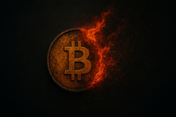 A Bitcoin coin in fire, symbolizing cryptocurrency and digital finance, financial crisis and crypto stock market instability. The background is dark, enhancing the glowing flames around the coin.