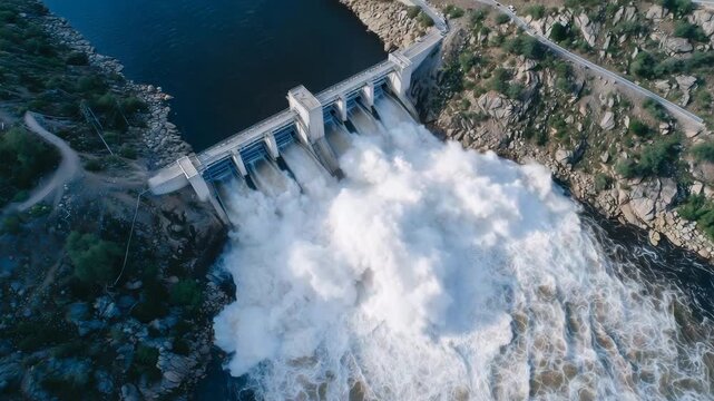 83Aerial view of a hydroelectric reservoir feeding into powerful spillways, water rushing into the river below, turbines hidden inside concrete structures generating electricity