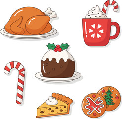 A flat vector illustration of a Christmas icon set featuring a roasted turkey, festive dessert, holiday treats, and beverages on a clean white background.