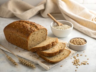 Freshly baked loaf of sliced whole wheat bread with grains