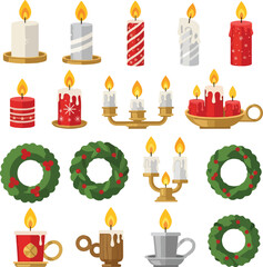 A flat vector illustration of a Christmas icon set featuring various candles, candelabras, and wreaths on a white background.