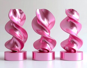 Three abstract, shiny, pink, twisted sculptures on circular bases