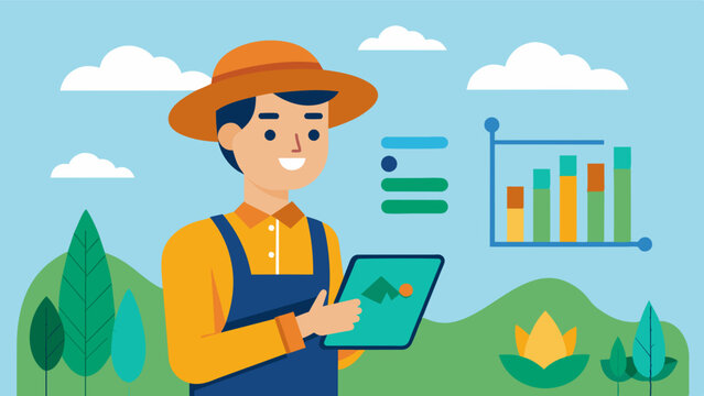 A farmer using a tablet to monitor the realtime soil moisture data collected by sensors tracking the progression of moisture levels over time and making informed decisions.. Vector illustration