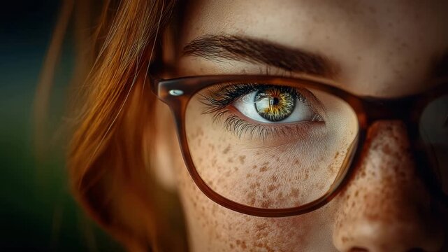 Intelligent young woman with freckles and glasses intensely focused, suggesting deep thought and contemplation in a modern setting