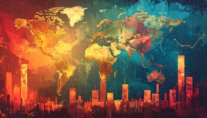 Stylized map overlaid with financial graphs, vibrant red and blue hues