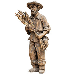 Obraz premium Wooden Farmer Sculpture Holding Wheat Sheaves. Symbol Of Agriculture And Harvest Tradition Isolated On Transparent Background