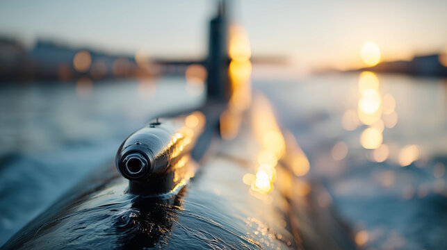 Faceless artistic composition showing the submarines periscope in focus, background defocused with golden reflections of sunset, with copy space.
