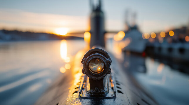Faceless artistic composition showing the submarines periscope in focus, background defocused with golden reflections of sunset, with copy space.