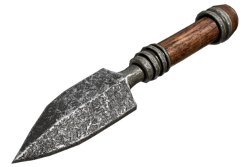 Medieval Spearhead With Wooden Handle. Historical Weaponry And Ancient Warfare Tool Isolated On Transparent Background