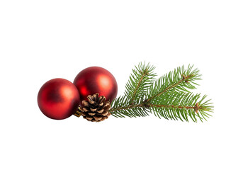 Christmas Decoration with Red Baubles, Pinecone, and Evergreen Sprig on White Background
