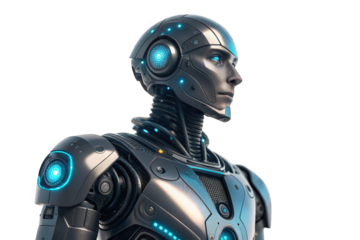 Futuristic humanoid robot with glowing blue accents isolated on transparent background design