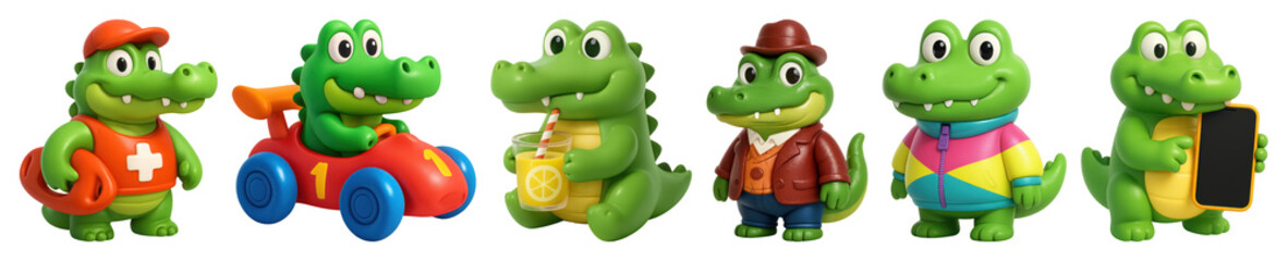 Fototapeta premium PNG Colorful crocodile toy collection, element set on transparent background