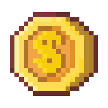Golden Pixel Coin Retro Y2K Digital Money Icon for Game Design