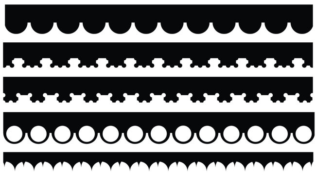 Scalloped edge seamless set. borders and dividers. Simple scalloped border. Repeat cute vintage frill ornament. Texture ribbons. stripe,tape collection isolated on white background.scallop