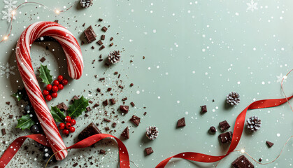 Festive Christmas Candy Cane with Holly Pine Cones and Snowflakes on Light Green Background